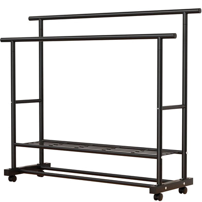 SUSUZI Double Rods Garment Rack with Wheels, Freestanding Clothing Rack for Hanging Clothes