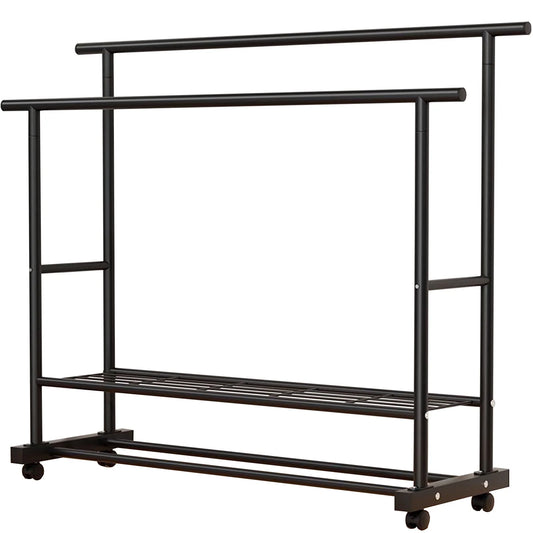 SUSUZI Double Rods Garment Rack with Wheels, Freestanding Clothing Rack for Hanging Clothes