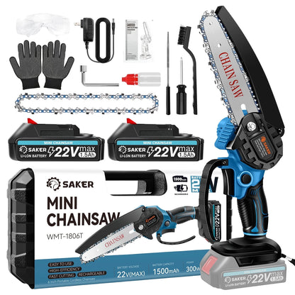 Saker 6 inch Small Handheld Chainsaw with 2 Batteries  2 Chains, Powerful Electric Chainsaw for Efficient Cutting, Ideal for Wood Cutting, Tree Trimming, Blue