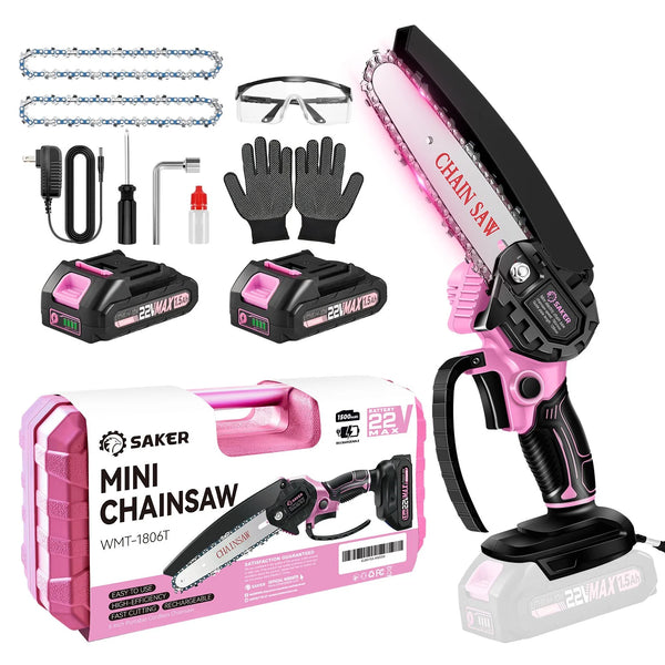 Saker 6 inch Portable Electric Chainsaw with 2 22V 1500mAH Batteries, One Hand Small Chainsaw with Security Lock, Friendly to The Women and Elderly, LED Indicator, Pink