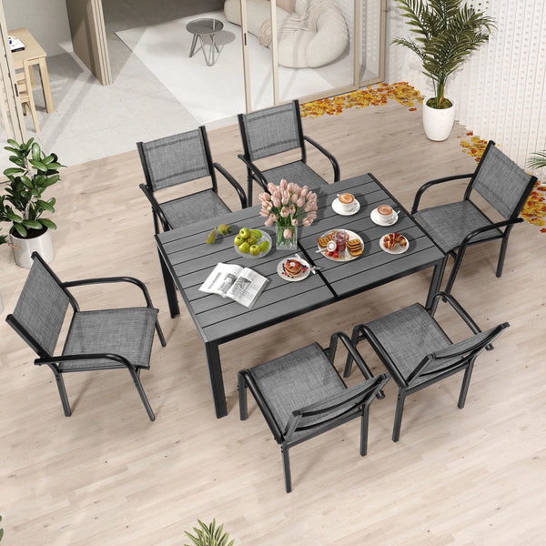 Seizeen 7-Piece Outdoor Table and Chairs, Patio Table Set with 6 Textilene Chairs, All-weather Outdoor Patio Dining Sets Rectangular Metal Table with Plastic Wood Top, Gray