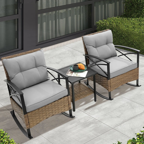 Seizeen Outdoor Patio Furniture, 3pcs Rattan Rocking Chair Set Balcony Furniture, Heavy-duty Patio Chairs with Steel Frame, Tow-Tier Coffee Table, 3’’T Cushion, Gray