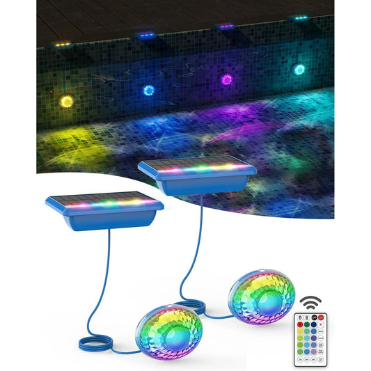 Solar Pool Lights, Solar Powered Submersible LED Lights with Remote IP68 Waterproof Swimming Pool Lights 16 Colors Underwater Pool Lights for Above Ground Inground Pool, Pond (Blue, 2 Pack)
