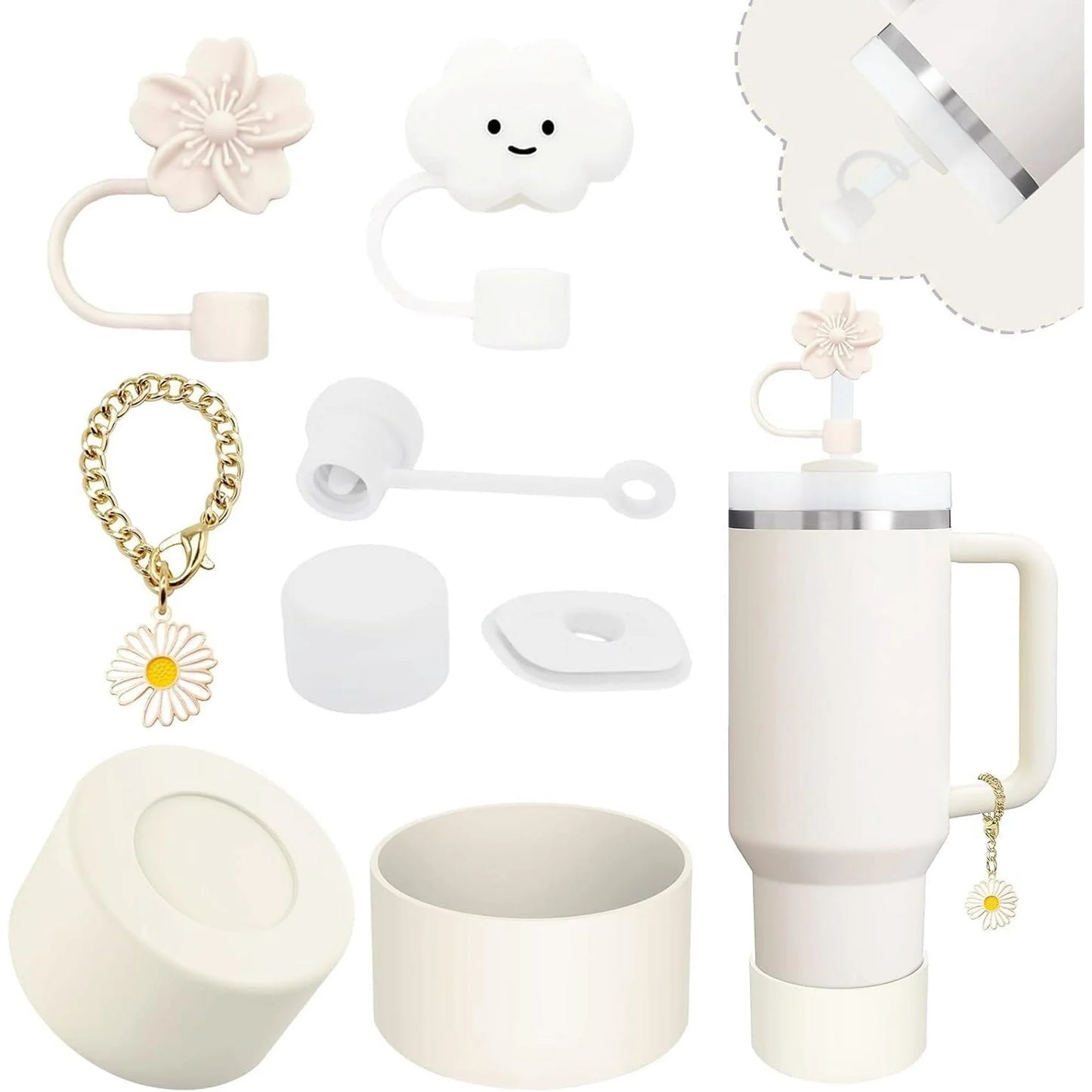 Spill Proof Stopper and Cup Accessories for Stanley, Silicone Straw Cover Cap Straw Toppers Flower Charm Cup Boots Fits Stanley 40 30 Oz Tumbler, White