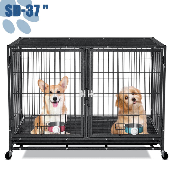 Suchown Heavy Duty Dog Crate  37 Inch Escape Proof Steel Cage for Small to Medium Dogs, Stackable Metal Kennel with Double Door, Lockable Wheels, Removable Tray  Feeding Bowls, Indoor/Outdoor Use