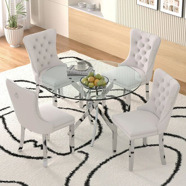 Sumdeal 47" Modern Round Glass Dining Table Room Sets for 4,Dining Table with 4 Velvet Dining Chairs,Black Table and 4 Beige Velvet with Silver Leg