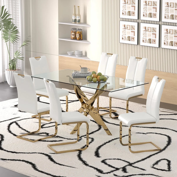 Sumdeal 63" Glass Dining Table Set for 6,Gold Base Dining Room Table with 6 Gold Leg C Shape Chairs