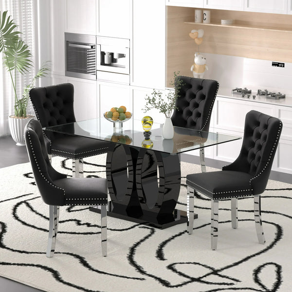 Sumdeal Contemporary 5-Piece Dining Table Set - 63" Tempered Glass Table with Black Double Pedestal Base & 4 Black Velvet Tufted Dining Chairs