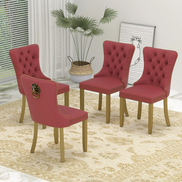 Sumdeal Mid-Century Modern Dining Chairs with Lion Head Pull Ring - High-End Tufted Velvet Upholstered Accent Chairs with Golden Legs & Nailhead Trim,Red,Set of 4