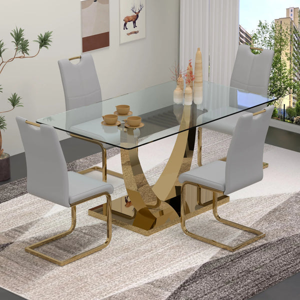 Sumdeal Uptown 5 Piece Adult Glam Tempered Glass Dining Table with Chair Gray/Gold