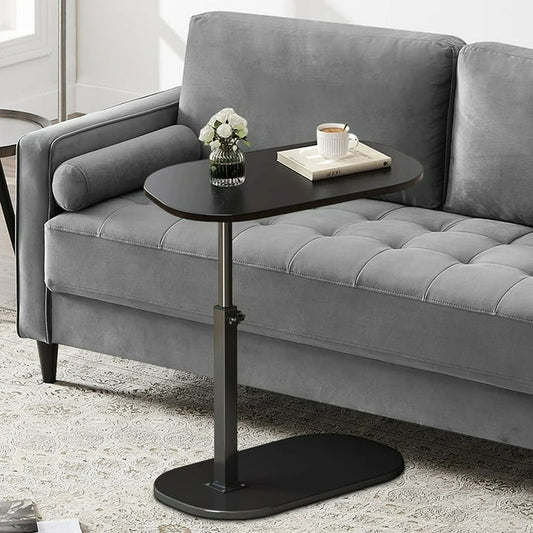 SUSUZI Portable Oval End Table Small C-Shaped Side Table, Height Adjustable, MDF and Metal