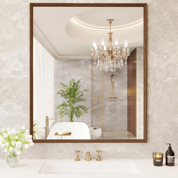 Swafrrt 22 x 30  Bathroom Wall Mirror with Walnut Wood Grain Framed, Vanity Mirror Anti Rust, Anti Fog, Waterproof