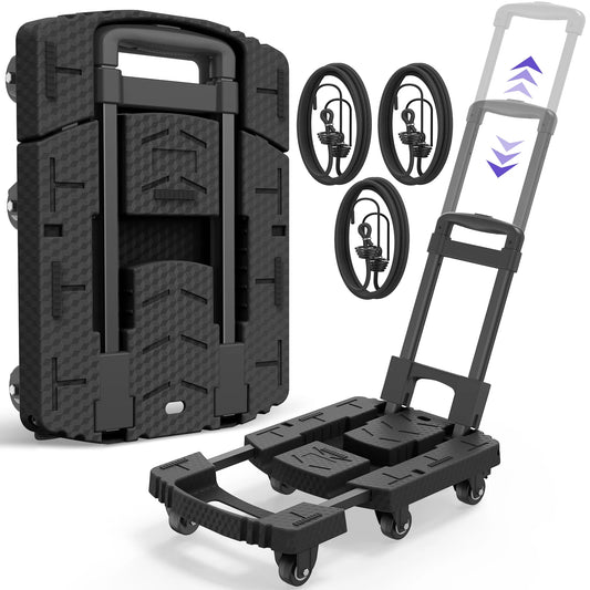 TNTANTS Hand Truck, 500 LB Heavy Duty Portable Dolly, Folding Dolly Cart with 6 Wheels & 3 Elastic Ropes for Luggage, Travel, Moving, Shopping, Office Use, Black