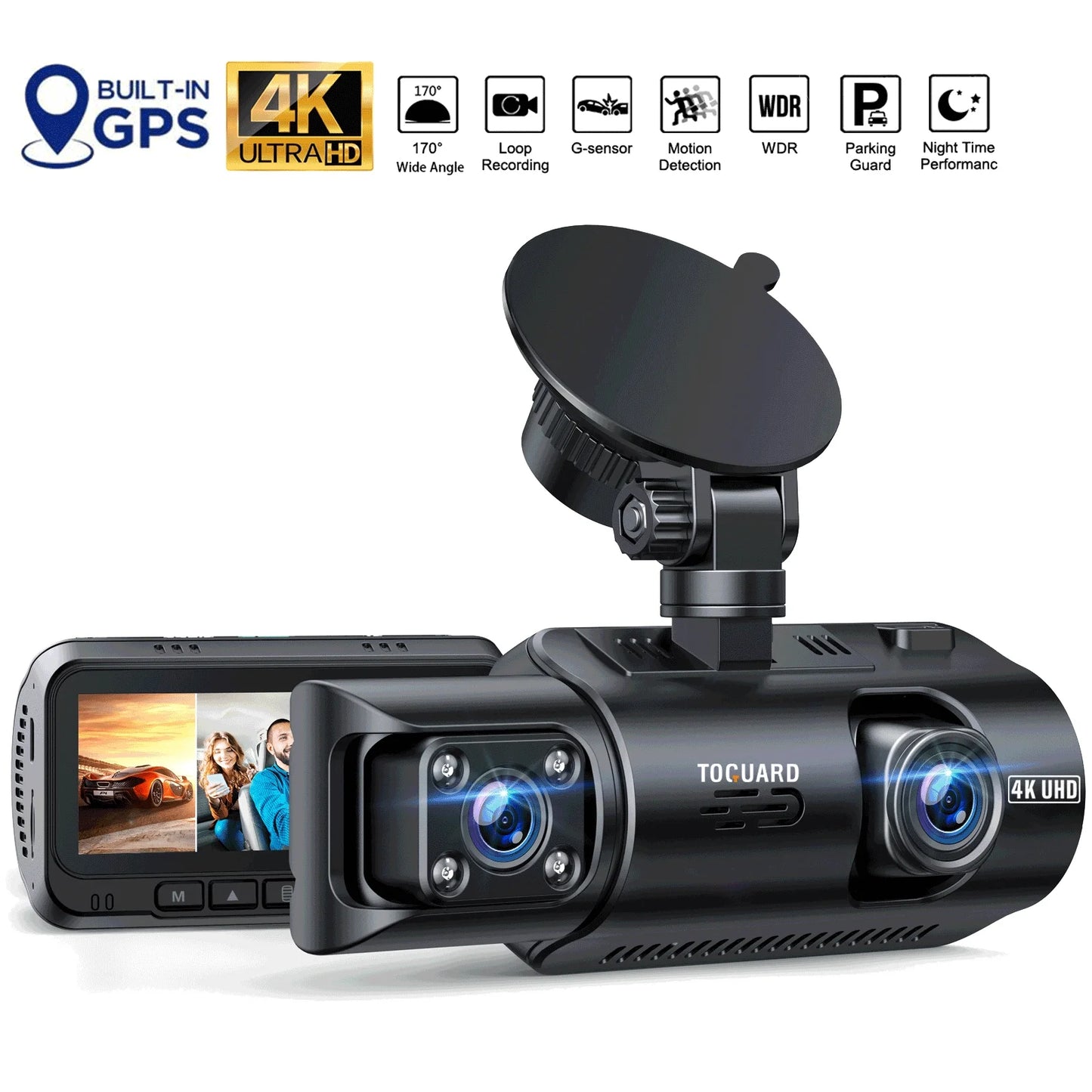 TOGUARD Front and Inside Dual Dash Camera 4K Car Dash Cam with GPS 3.16" Display, 170 Wide Angle, IR Night Vision, Support 256GB Max, Black