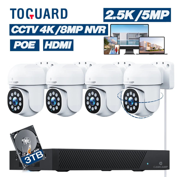 TOGUARD SC36 POE Wired Security Camera System Outdoor with 3TB Hard Drive 4K 8CH CCTV NVR 4Pcs 5MP PTZ Dome Surveillance Cameras HDMI Connector