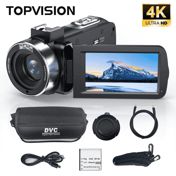 TOPVISION 4K UHD Video Camera Camcorder, 18X Zoom, 48MP, Black