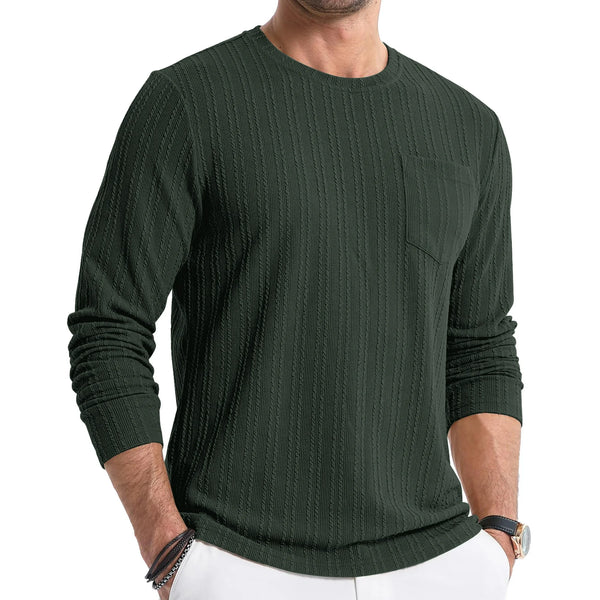 Thrilos Mens Long Sleeve Shirts Crewneck Casual Tops Pullover Work Shirts Stretch Textured Knit T-Shirts with Pocket