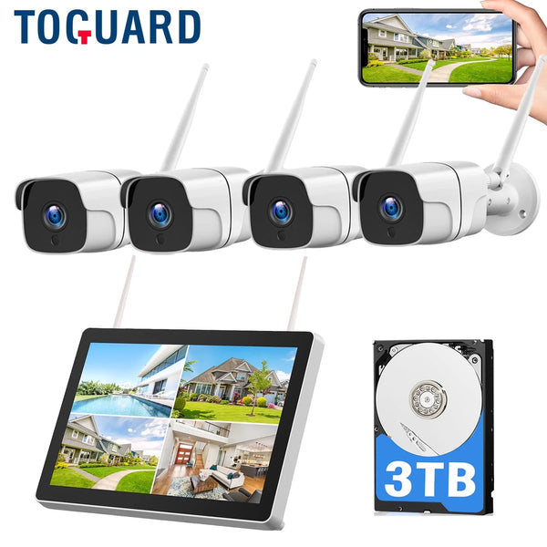 Toguard 1080P Wired Security Camera System with 3TB Hard Drive 12.1" Monitor 8CH NVR IP66 Waterproof