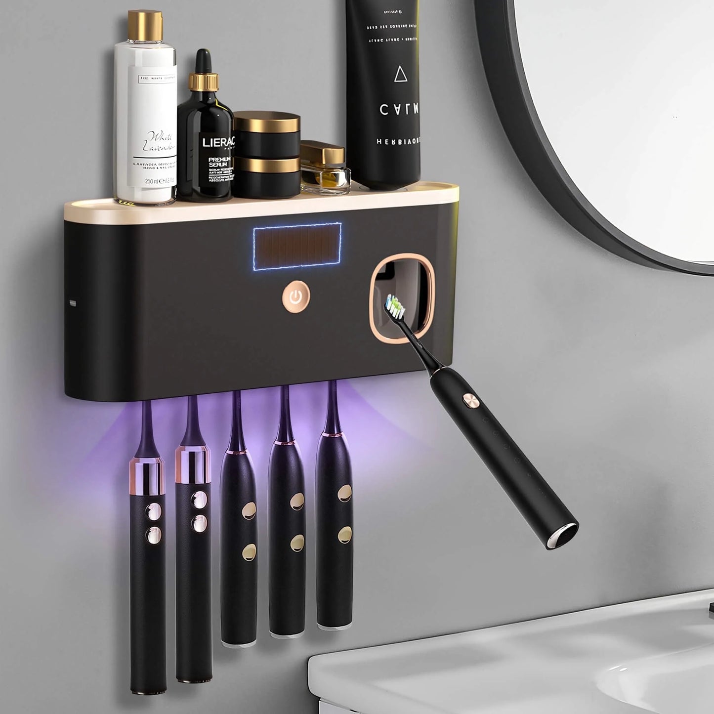 Toothbrush Holders for Bathrooms, UV Toothbrush Sanitizer Wall Mounted with Toothpaste Dispenser, Large Capacity Tray, Tooth Brushing Holder  Bathroom Accessories