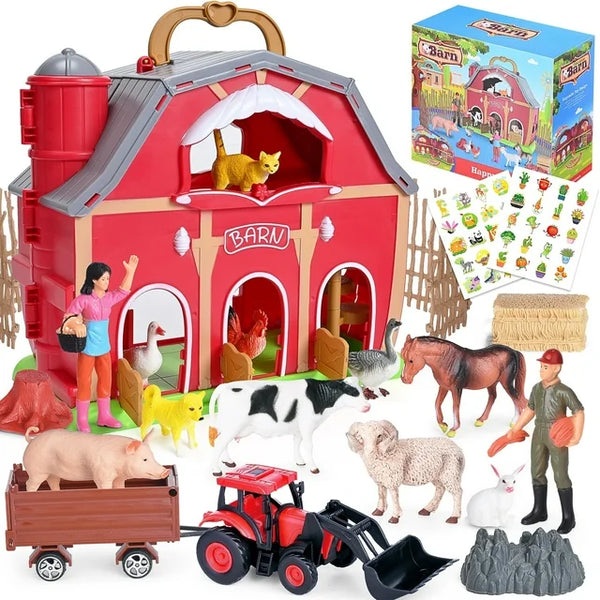Big Red Barn Farm Playset for Toddlers Take Along Montessori Toys for Kids with Animals Figurines and 2 Stickers
