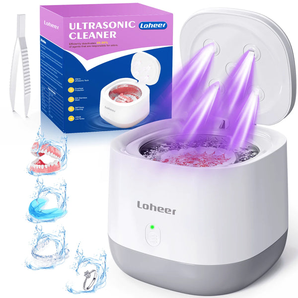 Loheer Ultrasonic Retainer Cleaner Machine, 45kHz Dentures Cleaner for Mouth Guards, Braces, Toothbrush Heads, Jewelry, 4 UV Lights, 250ML Capacity