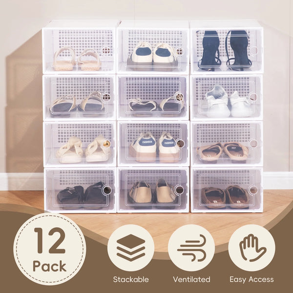 VUSIGN 12 Pack Large Shoe Storage Box, Clear Plastic Stackable Shoe Organizer for Closet, Space Saving Foldable Shoe Rack Sneaker Container Bin Holder