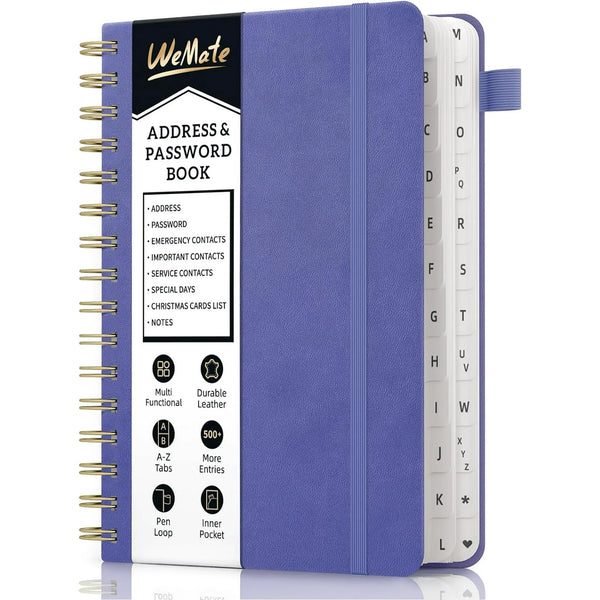 WEMATE Spiral Address Book with Alphabetical Tabs, Password Book,5.8″×8.2″, Large Print for Seniors, Purple
