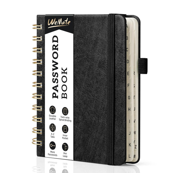 WEMATE Spiral Password Book with Alphabetical Tabs, Small Password Keeper Book ,Internet Password Notebook – 4.7''x 6'' (Black)