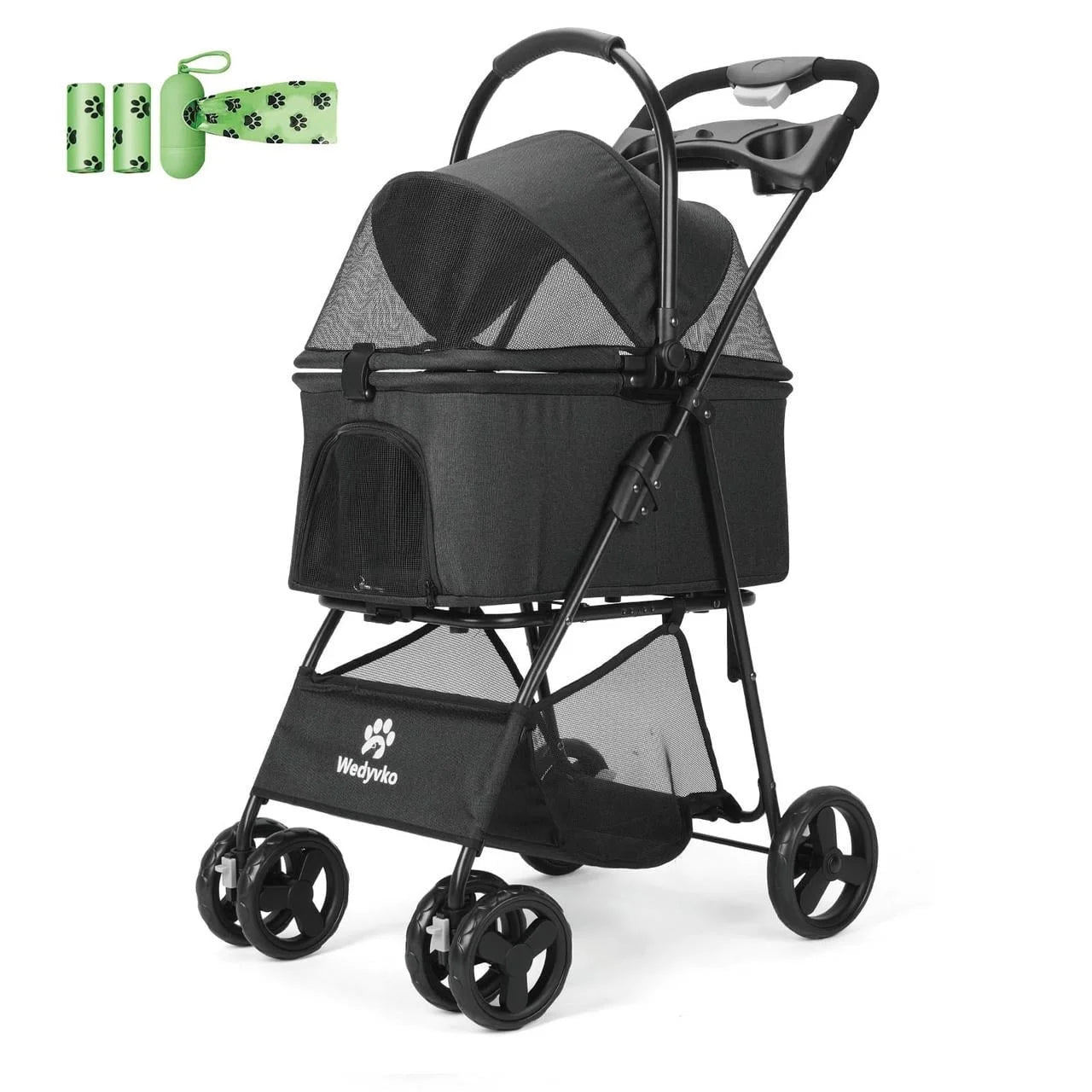 Wedyvko Pet Stroller with 4 Wheels, Foldable Pet Travel Carrier for Small/Medium Dogs Cats up to 50lbs, Detachble Portable Pet Bag, Storage Basket, Car Seat 3 in 1 Multifunctional,Black
