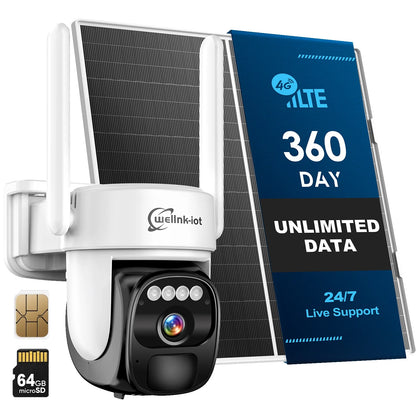 Wellnk-iot 4G LTE Cellular Security Camera with Prepaid 360-Day Unlimited Data, U.S. Local SIM&Micro SD Card, Solar Powered, Remote Access, Auto Human Tracking
