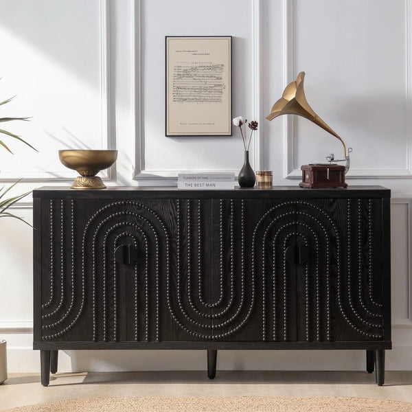 Wooden Storage Cabinet with 4 Doors, Modern Black Accent Cabinet, Free Standing Cabinet, Wooden Buffet Sideboards for Bedroom, Kitchen, Home Office