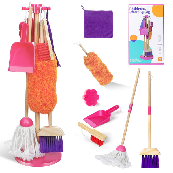 JoyStone Wooden Toddler Cleaning Set, Pretend Play Household Cleaning Tools Giftsfor Kids Age 3-6, Includes Broom, Mop, Duster and Dustpan, Safe & Durable, Pink