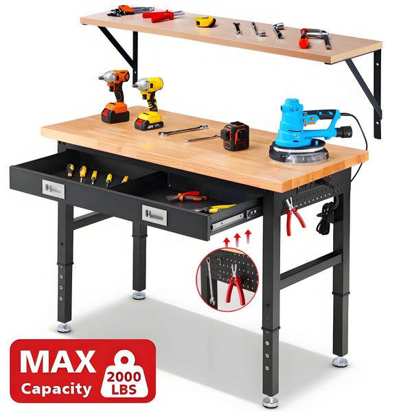 Workbench for Garage,ENJOYWOOD Heavy Duty 48 inch Wood Work Bench with Drawer and Wall Mounted Shelf,Rubber Wood Tabletop,2000 LBS Load Bearing Workstation Garage Desk Table Worktable
