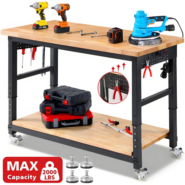 Workbench for Garage,ENJOYWOOD Heavy Duty 60 inch 2 Tier Wood Work Bench with Rolling Wheels and Power Outlets,Rubber Wood Tabletop,2000 LBS Load Bearing Workstation Garage Desk Table Worktable