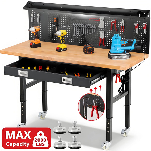 Workbench for Garage,ENJOYWOOD Heavy Duty 60 inch Wood Work Bench with Drawers,Led Lights, Pegboard and Wheels,Rubber Wood Tabletop,2000 LBS Load Bearing Workstation Garage Desk Table Worktable