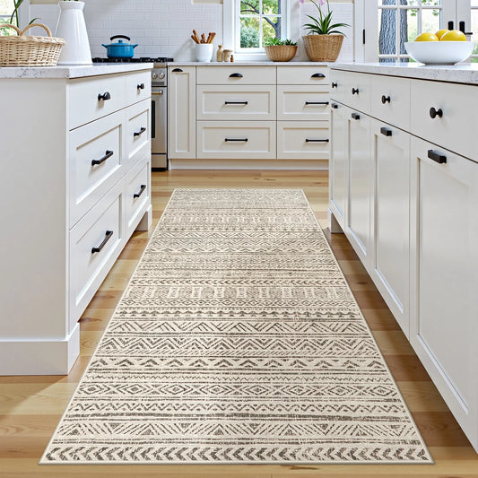 YEERSWAG Lahome Moroccan Runners for Hallways 2x8 Beige Washable Runner Rug Non-Slip Stain Resistant Kitchen Rug Runner, Geometric Print Distressed Soft Floor Carpet Runner for Bedroom