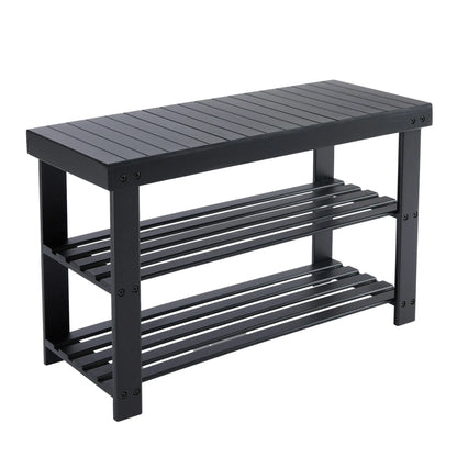 ZUNMOS 3-Tier Bamboo Shoe Rack Bench, 11.3 x 27.6 x 17.8 Inches Compact Storage Organizer with 286lb Capacity for Entryway, Bedroom and Living Room, Black