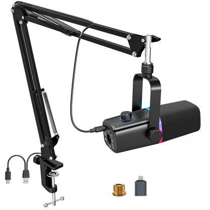ZealSound XLR/USB Dynamic Microphone for Gaming Podcast,Mic for iPhone Phone PC Computer Gaming Streaming Microphone with RGB Light,Mute Button,Mic Gain,Headphones Jack,Boom Arm Stand,Singing YouTube