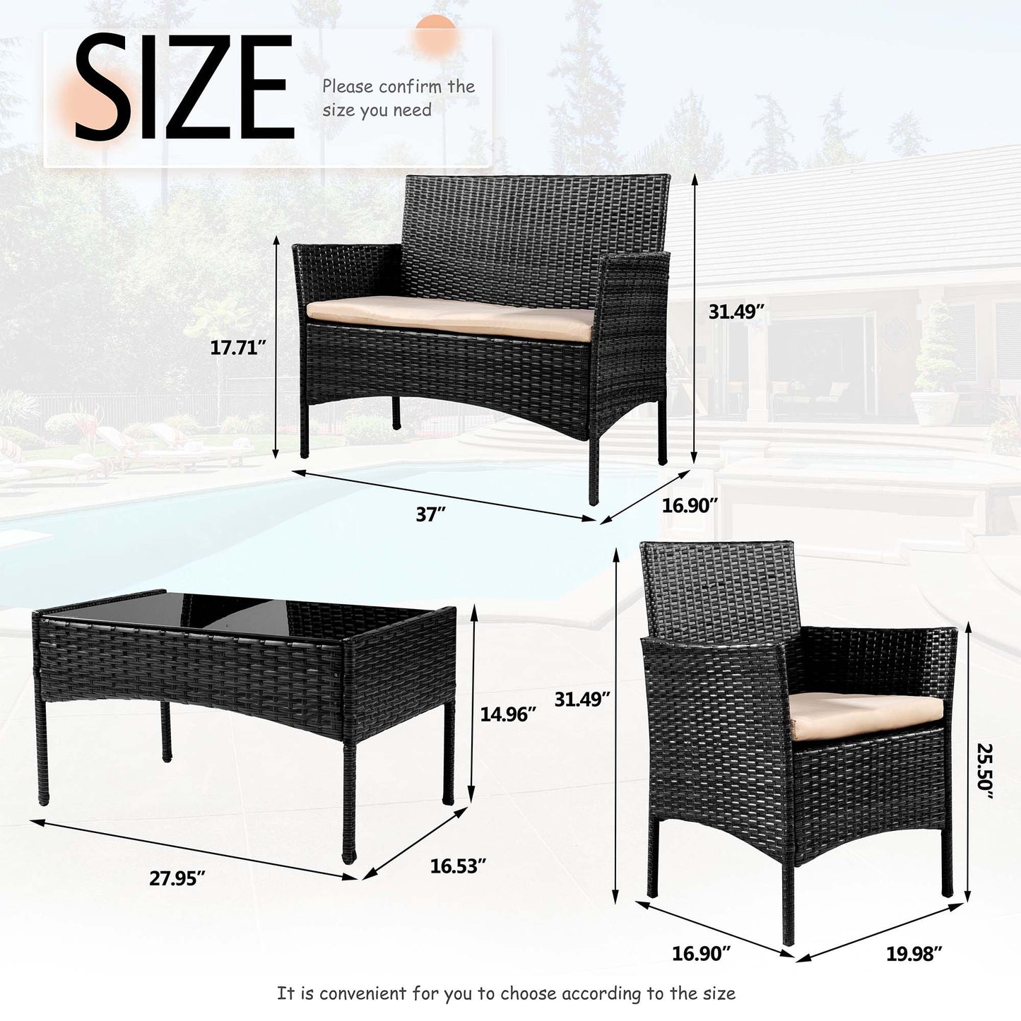 Carpet 4PCS Patio Rattan Wicker Furniture Conversation Set with Loveseat Sofa and Table for Garden Yard,Black