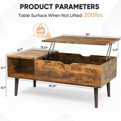 Lift Tabletop Coffee Tables for Living Room with Storage Shelf and Hidden Compartment - Brown