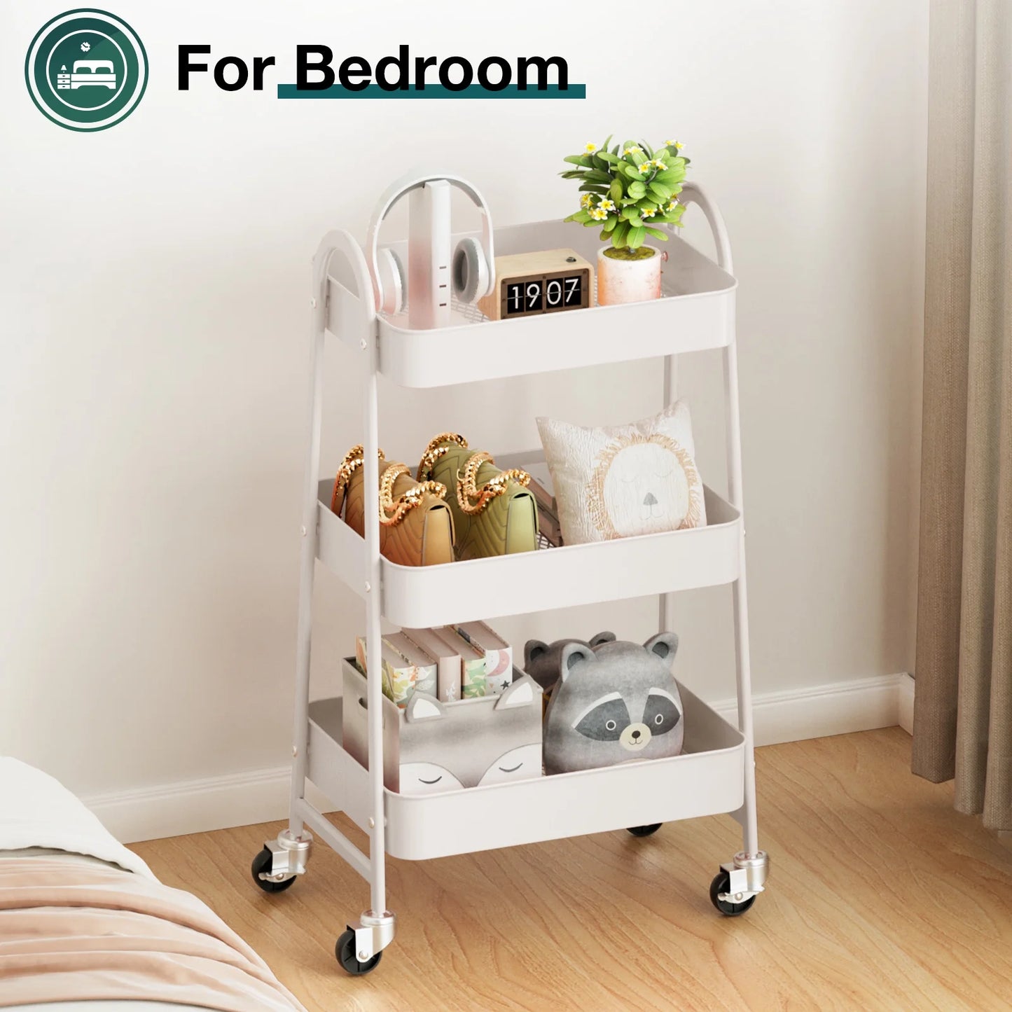 CONCETTA 3 Tier Utility Rolling Cart, Metal Mobile Storage Cart with Lockable Caster Wheels, Storage Shelves Organizer Cart for Livingroom, Bathroom, Kitchen, & Narrow Places, White