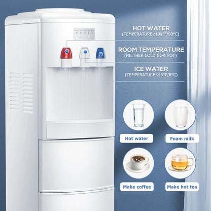 LHRIVER 5 Gallon Water Cooler Dispenser with Built-in Ice Maker, Top Loading Water Dispenser 3 in 1 Hot/Cold/Room Temperature, Child Lock,White