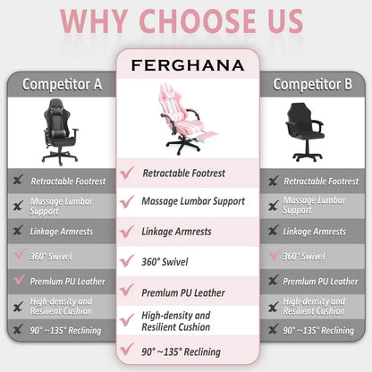 Huracan Pink Gaming Chair with Footrest High Back Ergonomic Office Gamer Chair with Massage and Headrest Lumbar Support Swivel Seat Computer Game Chair for Adults Kids