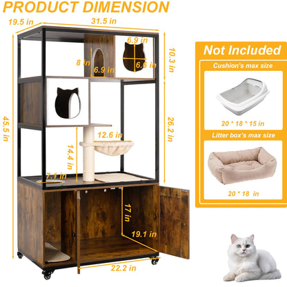 PETSCOSSET Cat Litter Box Enclosure on Wheels Washroom Furniture with Condo Hammock Scratching Mat, Multiple Platforms