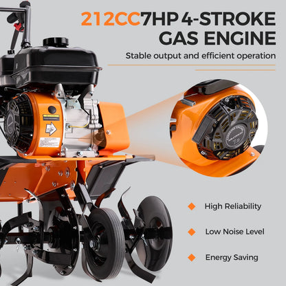 Efurden Gas Tiller Cultivator, 7HP 212cc Gas Powered Engine Tiller Cultivator for Garden Lawn Soil Cultivation, Weeding  Digging