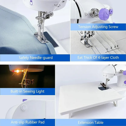 BSHAPPLUS Portable Mini Stitch Sewing Machine, Double Speed Switch with Lamp Thread Cutter, Extension Table, Sewing Kit for Beginner Adult Kids Arts Crafts Household, Travel