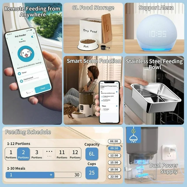 Automatic Pet Feeder, Auto Cat Food Dispenser with Alexa for Multiple Pets