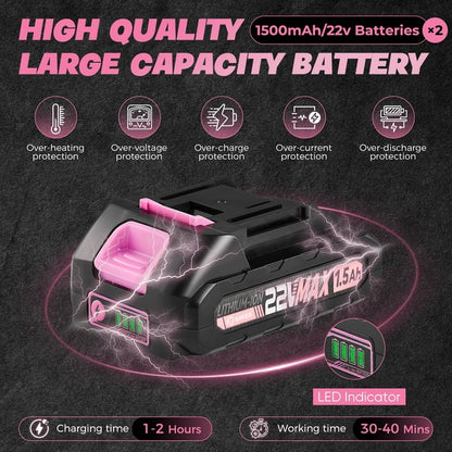 Saker 6 inch Portable Electric Chainsaw with 2 22V 1500mAH Batteries, One Hand Small Chainsaw with Security Lock, Friendly to The Women and Elderly, LED Indicator, Pink