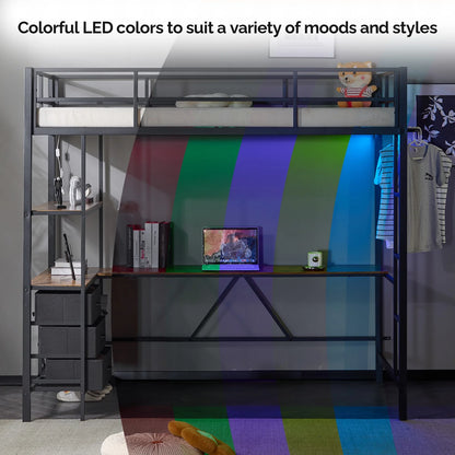 Zimtown Twin Loft Bed Frame with L Shaped Desk, Metal Bed w/ LED Light and Charging Station, Black