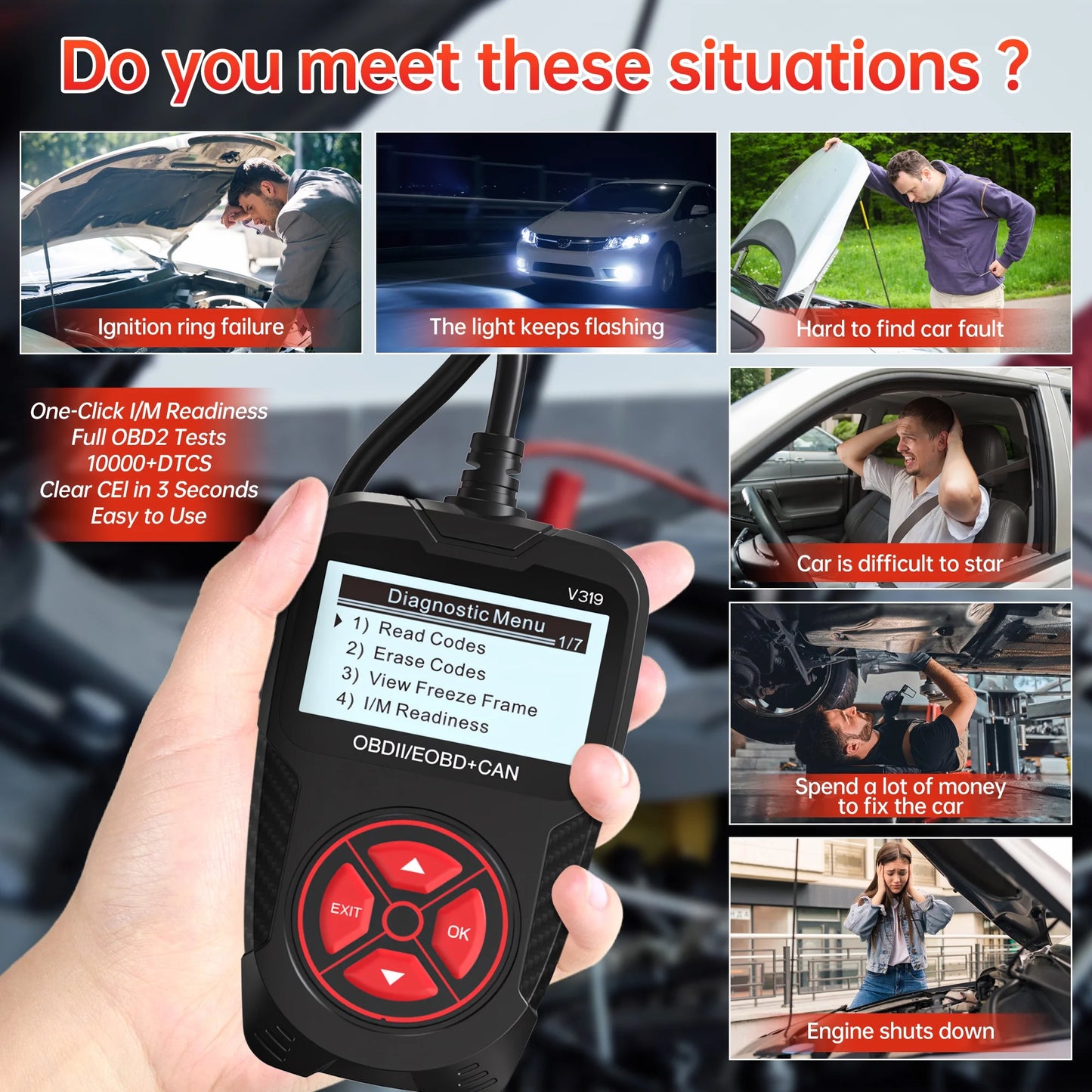OBD2 Scanner Diagnostic Tool, Car Code Reader for Cars and Trucks for Quick Retrieval of Error Codes, Check Engine Code Reader for All OBD II Vehicles since 1996